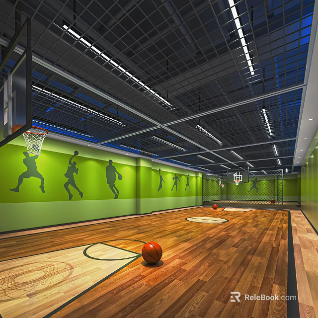 Indoor Basketball Court Interior With Green Walls Featuring Basketball Player Silhouettes Wooden Floor And Basketballs 3d model 