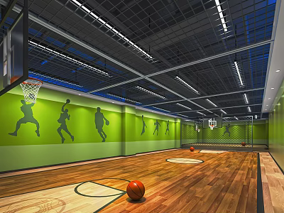 Indoor Basketball Court Interior With Green Walls Featuring Basketball Player Silhouettes Wooden Floor And Basketballs 3d model