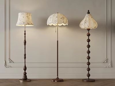 Vintage Floor Lamps Featuring Decorative Fabric Shades And Wooden Beaded Bases For Interior Decor 3d model