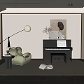Modern Living Room Interior With Black Piano Artwork Green Armchair And Floor Lamp