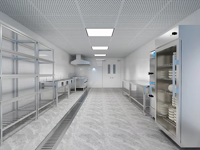 Professional Commercial Kitchen Interior With Stainless Steel Shelves Glass Door Refrigerators And Gray Floor 3d model