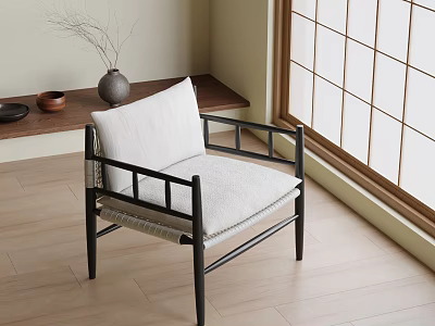 Japanese Style Accent Chair with Black Frame White Cushion in Wooden Floor with Grid Window 3d model