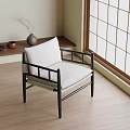 Japanese Style Accent Chair with Black Frame White Cushion in Wooden Floor with Grid Window