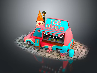 Colorful Ice Cream Truck With Pink And Blue Exterior Awning And Cone Decoration 3d model
