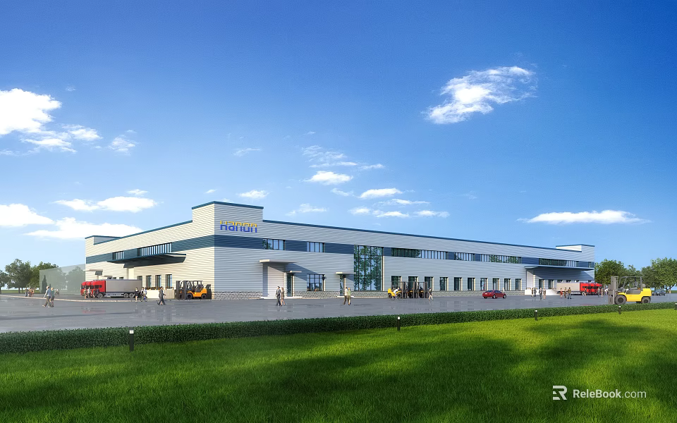 Haier Modern Industrial Factory Building With Green Lawn And Logistics Trucks 3d model 