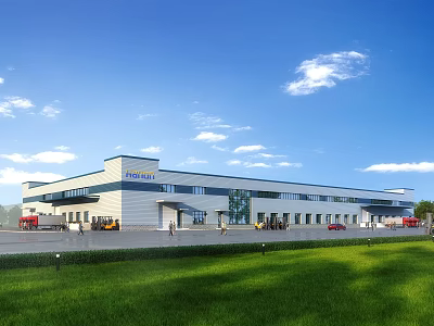 Haier Modern Industrial Factory Building With Green Lawn And Logistics Trucks 3d model