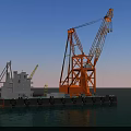 Wooden Boat Floating On Calm Ocean Near Orange Crane Platform With Blue Sky