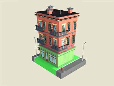 Cartoon Building With Red Upper Floor Green Ground Floor Balconies Windows Chimneys And Street Lamps 3d model