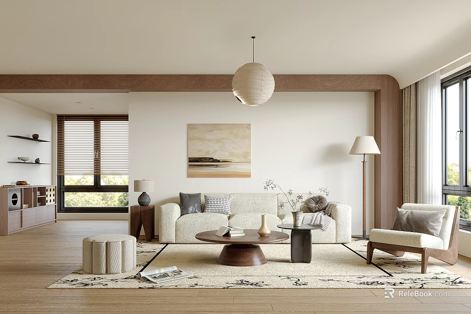 Modern Living Room Interior With Beige Sofa Wooden Coffee Table And Wall Art 3d model 