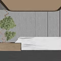 Elegant Marble Reception Desk with Curved Top Green Bonsai and Gray Striped Wall