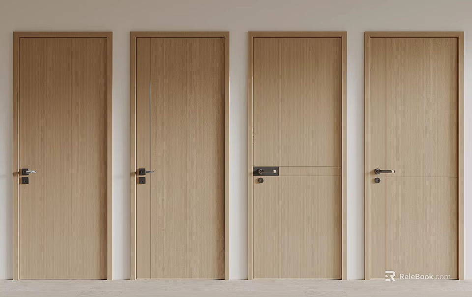 Four Modern Light Wood Hinged Doors with Simple Design and Metal Handles 3d model 