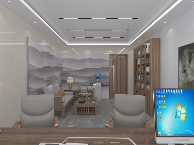Modern Office Interior With Chinese Landscape Painting Sofa Coffee Table And Wooden Bookshelf 3d model