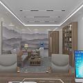 Modern Office Interior With Chinese Landscape Painting Sofa Coffee Table And Wooden Bookshelf