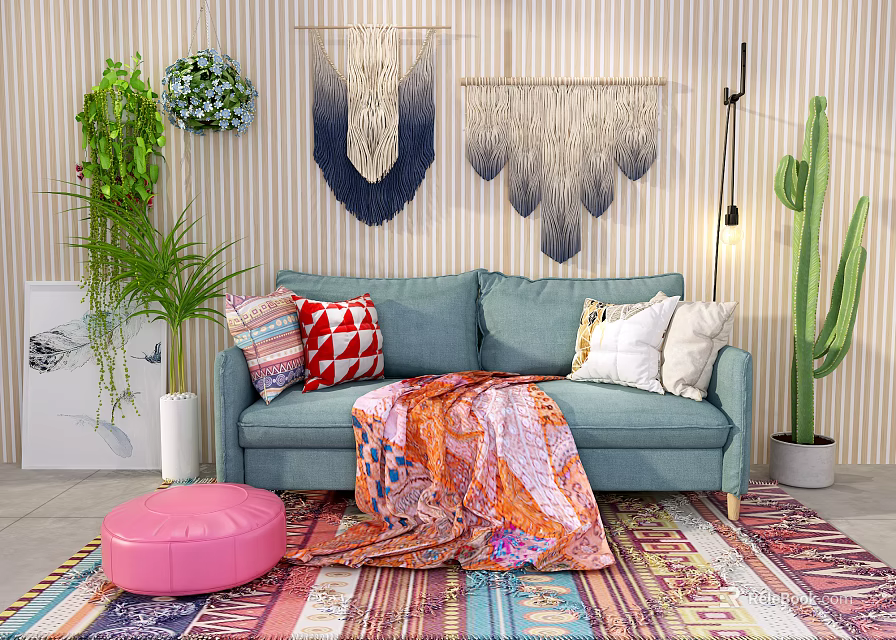 Blue Loveseat With Colorful Pillows Throw Blanket Pink Ottoman Green Plants Striped Wall Macramé Tapestry 3d model 