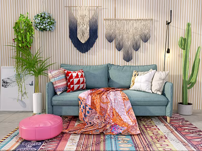 Blue Loveseat With Colorful Pillows Throw Blanket Pink Ottoman Green Plants Striped Wall Macramé Tapestry 3d model