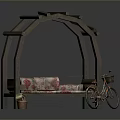 Wooden Arch Bench Structure With Floral Cushions Bicycle And Potted Plants