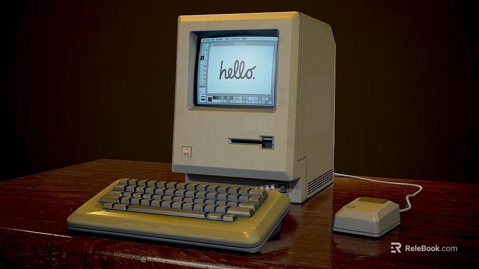 Vintage Computer Setup On Wooden Desk With Monitor Keyboard Mouse And Hello Text Displayed 3d model 