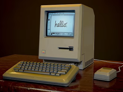 Vintage Computer Setup On Wooden Desk With Monitor Keyboard Mouse And Hello Text Displayed 3d model