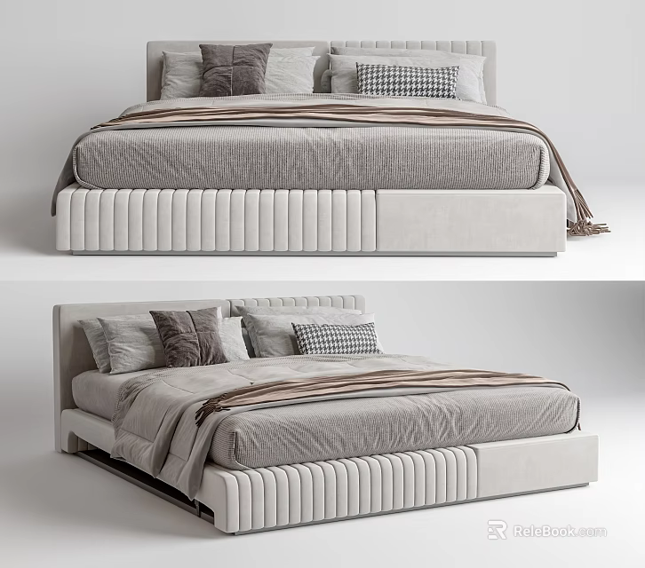 Modern Double Bed With Upholstered Headboard Gray Bedding And Patterned Pillows 3d model