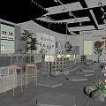 Modern Restaurant Interior With Neon Signs String Lights Green Plants And Stone Brick Floor
