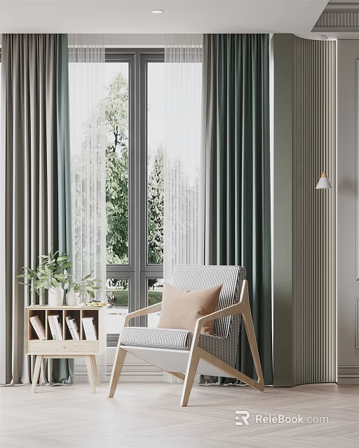 Gray Curtains In Modern Interior With Window View Green Plants Striped Chair And Side Table 3d model 