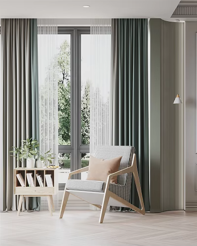 Gray Curtains In Modern Interior With Window View Green Plants Striped Chair And Side Table 3d model