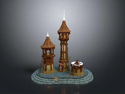 Fantasy Towers Model With Spires Circular Base Wooden Structures And Illuminated Windows 3d model