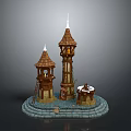 Fantasy Towers Model With Spires Circular Base Wooden Structures And Illuminated Windows