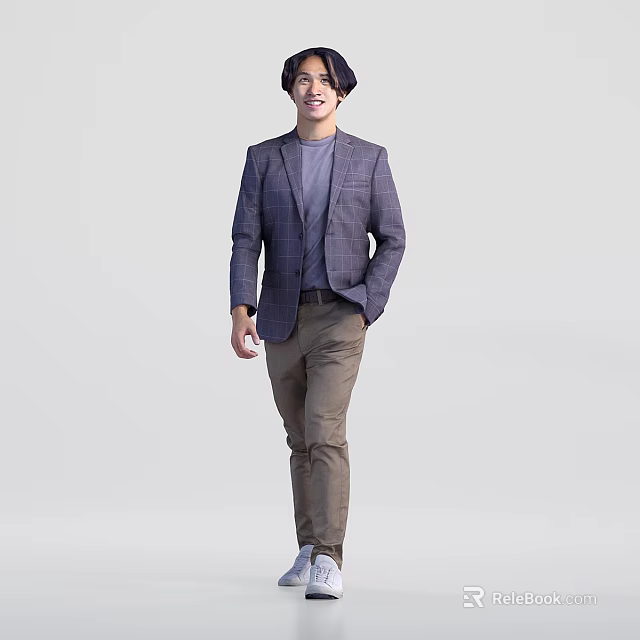 Man In Purple Plaid Blazer Gray Top And Brown Pants Stands Naturally Against Gray Background 3d model 