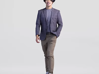 Man In Purple Plaid Blazer Gray Top And Brown Pants Stands Naturally Against Gray Background 3d model