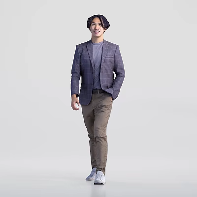 Man In Purple Plaid Blazer Gray Top And Brown Pants Stands Naturally Against Gray Background 3d model