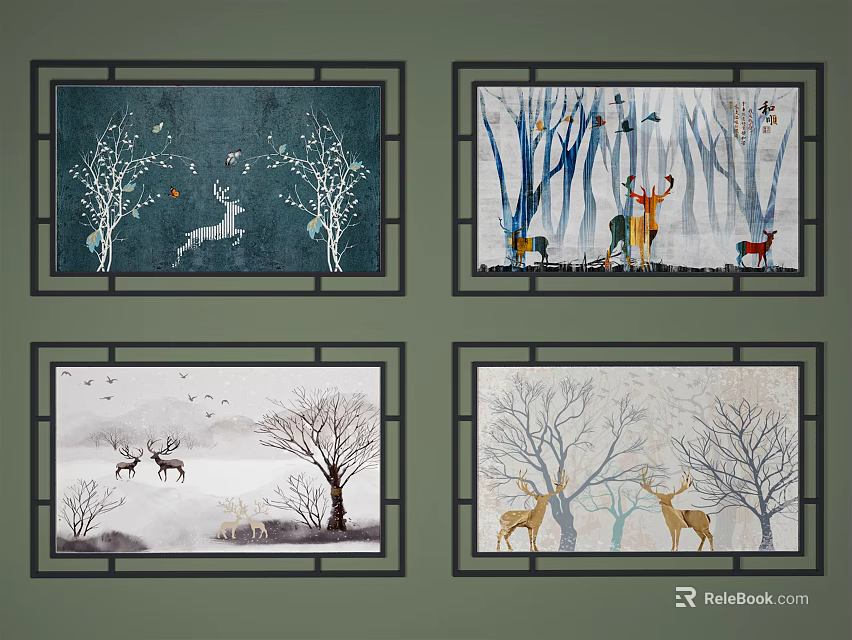 Four Decorative Paintings with Forest Scenes Deer Winter Trees and Animal Elements 3d model