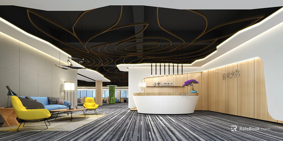 Modern Reception Desk Interior With Curved Ceiling Sofa Yellow Chair Carpet And Wooden Panels 3d model 