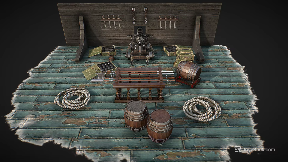 Ancient Weapons Display With Hanging Knives Small Cannon Wooden Barrels Ropes On Wooden Planks Floor 3d model 