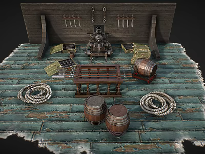 Ancient Weapons Display With Hanging Knives Small Cannon Wooden Barrels Ropes On Wooden Planks Floor 3d model
