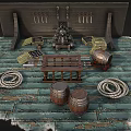 Ancient Weapons Display With Hanging Knives Small Cannon Wooden Barrels Ropes On Wooden Planks Floor