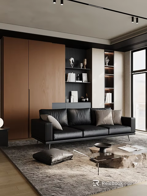 Modern Living Room Interior Decorative Ornament Combination with Bookshelf Vases Sculptures and Black Sofa 3d model 