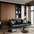Modern Living Room Interior Decorative Ornament Combination with Bookshelf Vases Sculptures and Black Sofa