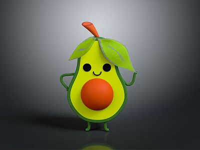 Cartoon Avocado With Smiling Face Green Leaf Orange Pit Arms And Legs 3d model