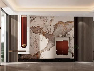 Elegant Modern Entryway Hallway Featuring Marble Wall Red Decor Wooden Panels And Potted Plant 3d model