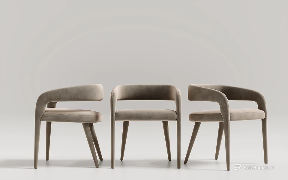 Three Light Gray Velvet Leisure Chairs With Modern Armrest And Slim Wooden Legs 3d model 