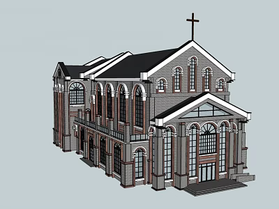 Christian Church Architecture With Cross Steeple Arched Windows And Brick Design 3d model