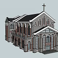 Christian Church Architecture With Cross Steeple Arched Windows And Brick Design