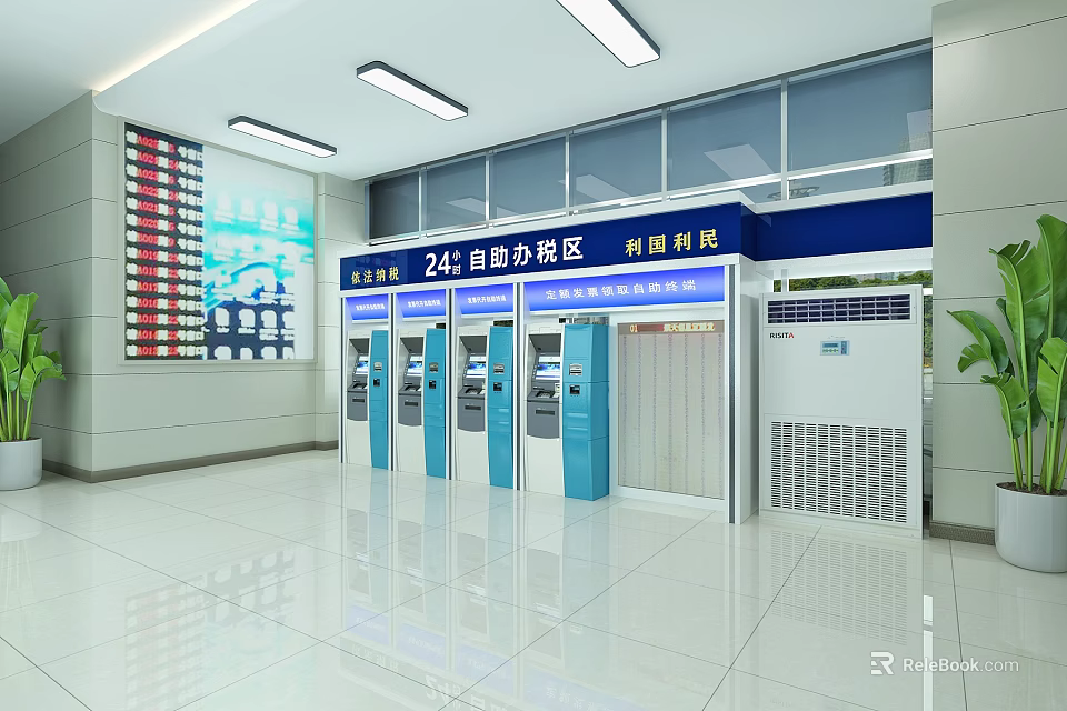 Modern Public Service Hall With 24h Self Service Area Document Pre Check Zone And Machines 3d model 