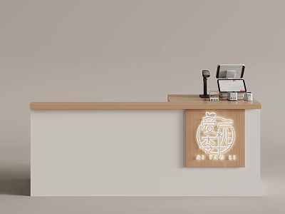 Modern Reception Counter With Wooden Top White Cabinet Cash Register And Decorative Panel 3d model