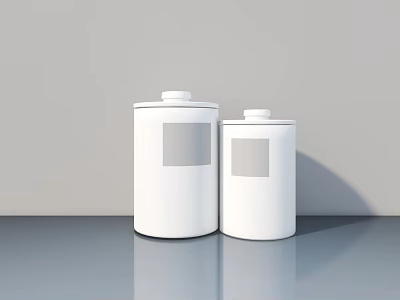 Smart Machine Two White Cylindrical Units With Lids And Square Labels On Gray Tabletop 3d model