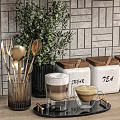 Modern Kitchenware Arranged On Wooden Shelves With Ceramic Bowls Glass Mugs And Potted Herbs