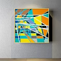 Colorful Geometric Abstract Painting With Triangles Polygons And Yellow Frame On Wall