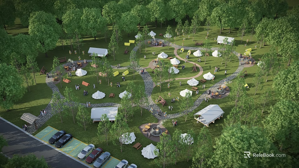 Scenic Campsite With Multiple Tents Green Lawn And Parking Lot Among Trees 3d model 