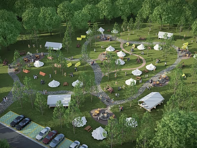 Scenic Campsite With Multiple Tents Green Lawn And Parking Lot Among Trees 3d model